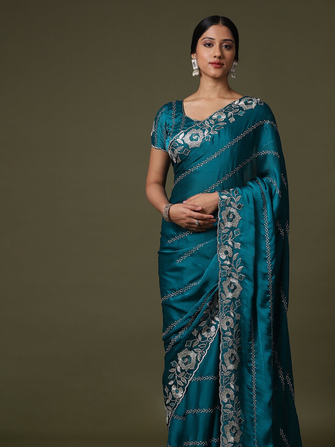Teal green Georgette Embroidered Saree - Ressa