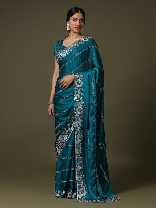 Teal green Georgette Embroidered Saree - Ressa