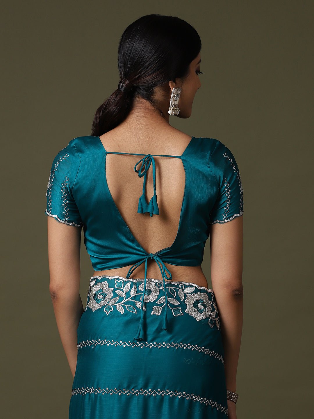 Teal green Georgette Embroidered Saree - Ressa