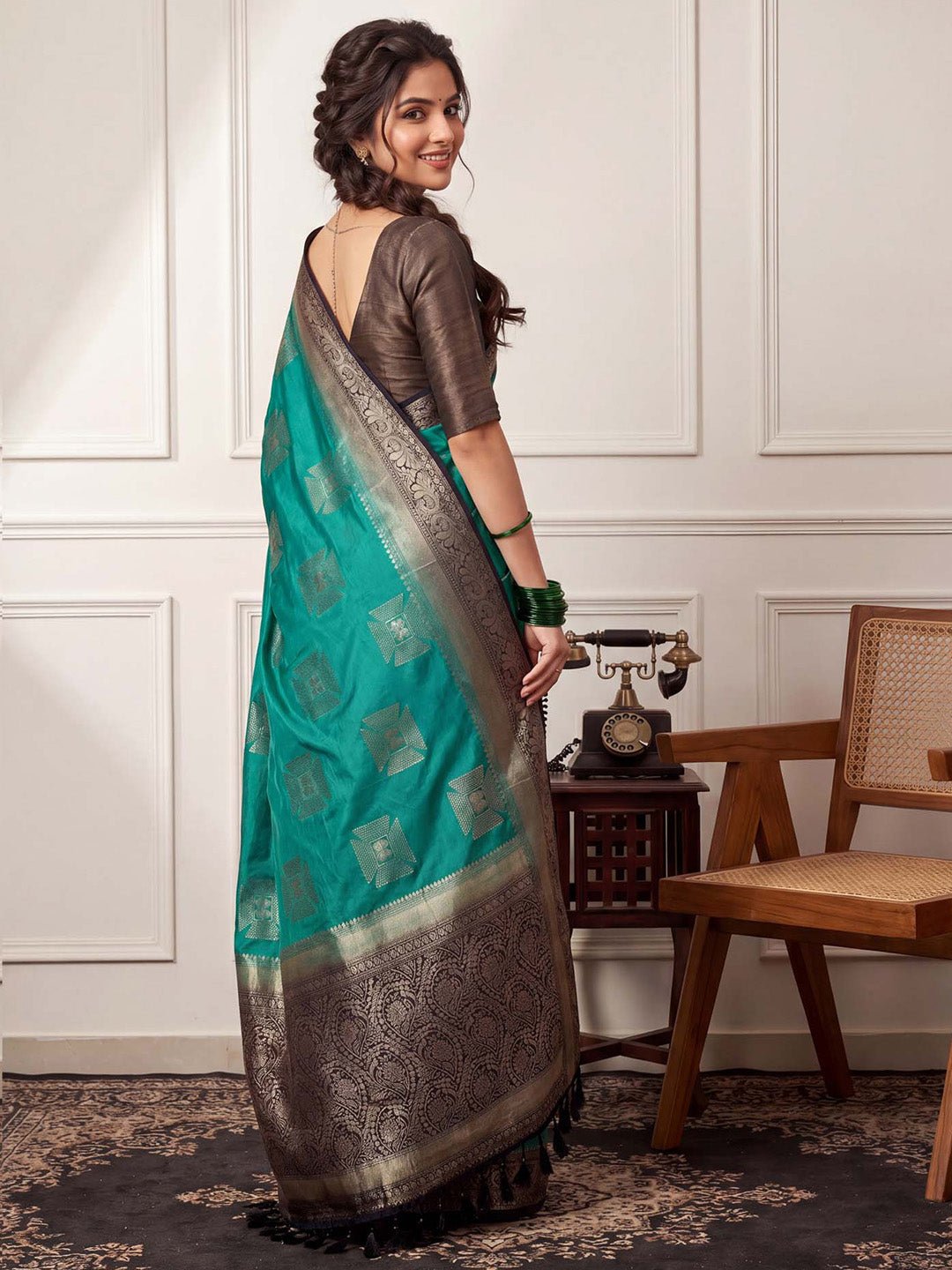 TEAL GREEN NYLON WITH WOVEN DESIGN - Ressa