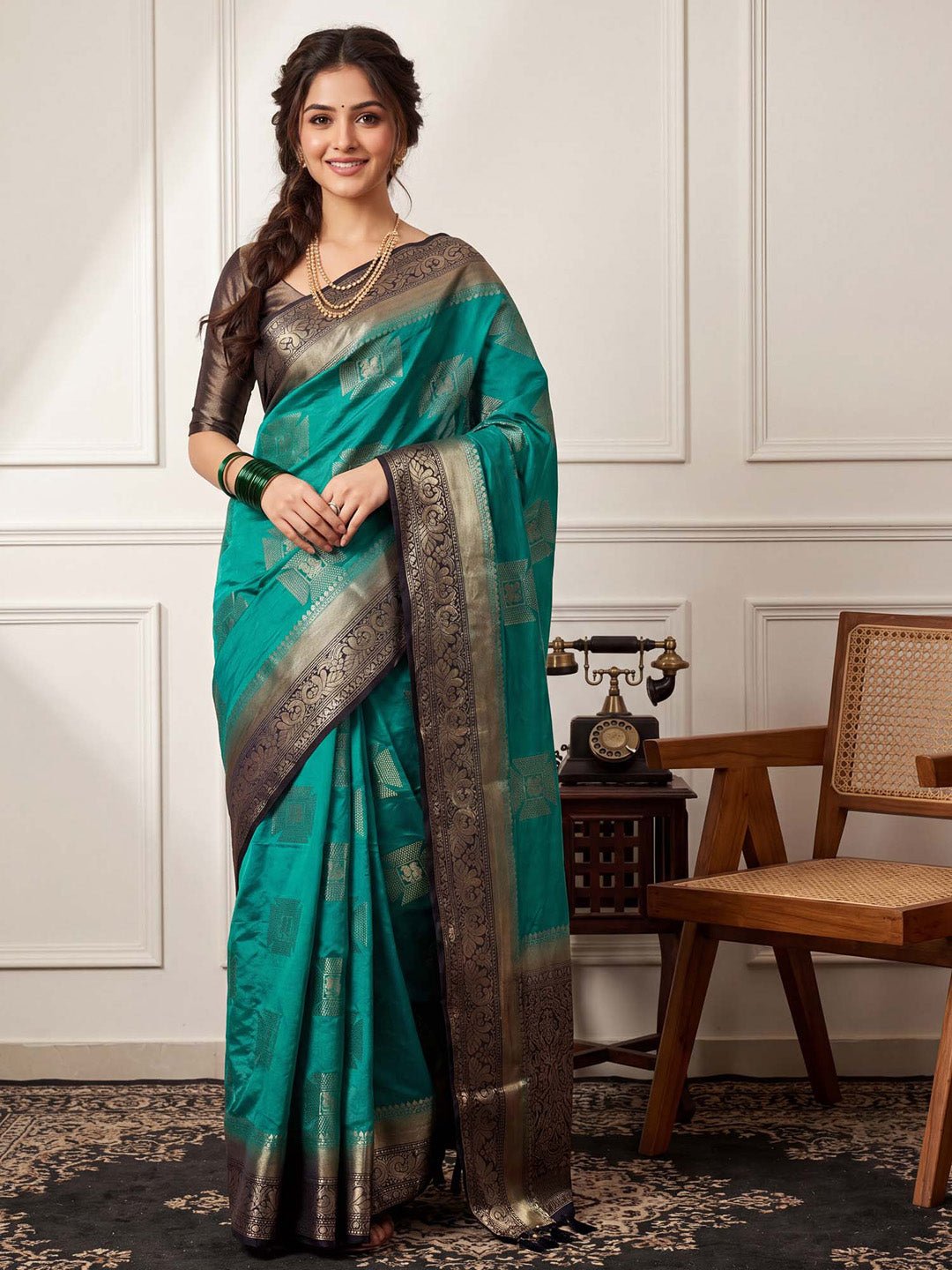TEAL GREEN NYLON WITH WOVEN DESIGN - Ressa