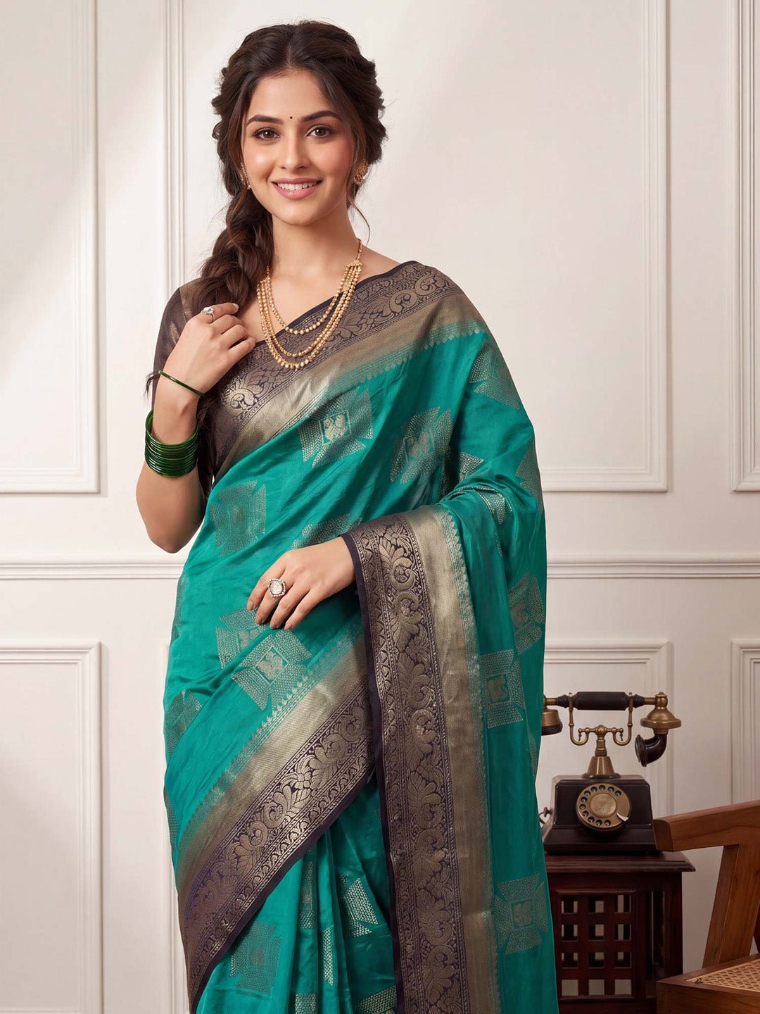 TEAL GREEN NYLON WITH WOVEN DESIGN - Ressa