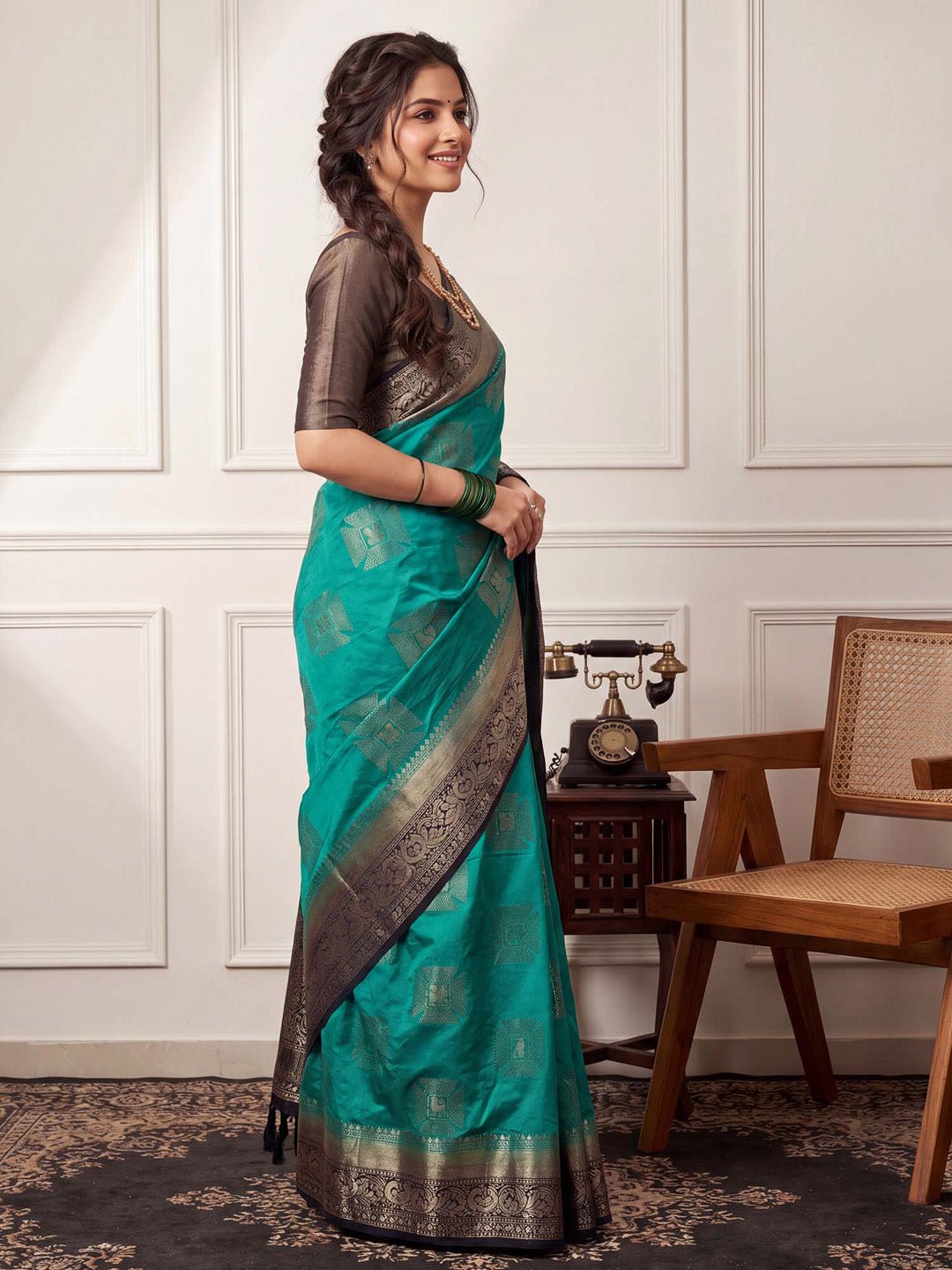 TEAL GREEN NYLON WITH WOVEN DESIGN - Ressa