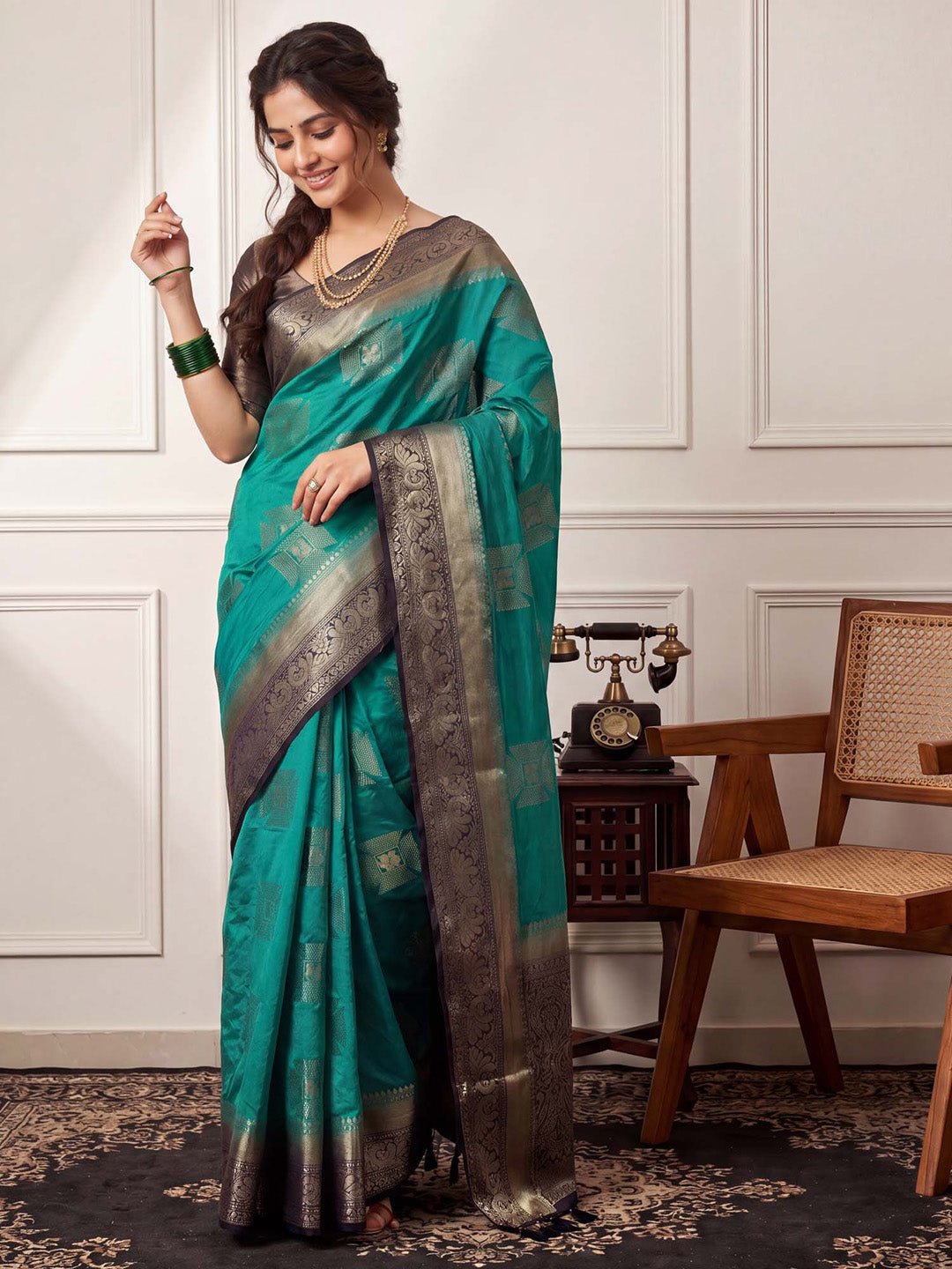 TEAL GREEN NYLON WITH WOVEN DESIGN - Ressa