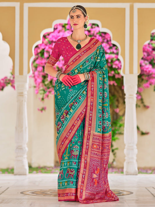 Teal Green Patola Silk Ikat Printed Contrast Pink Border saree - Ressa
