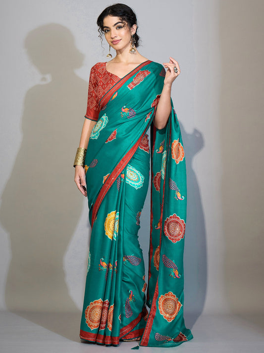 Teal Green & Peacock Digital Printed Saree - Ressa