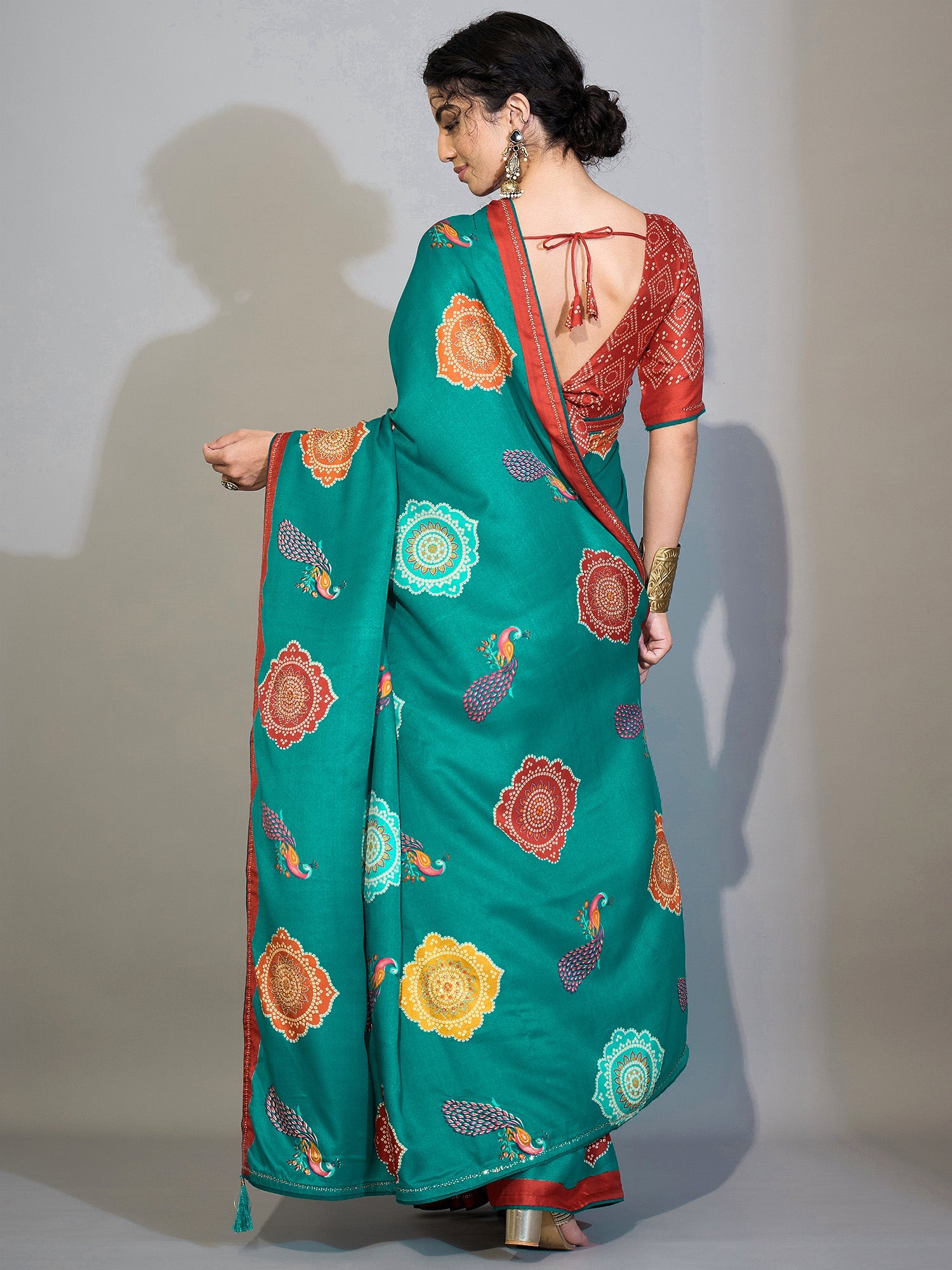 Teal Green & Peacock Digital Printed Saree - Ressa