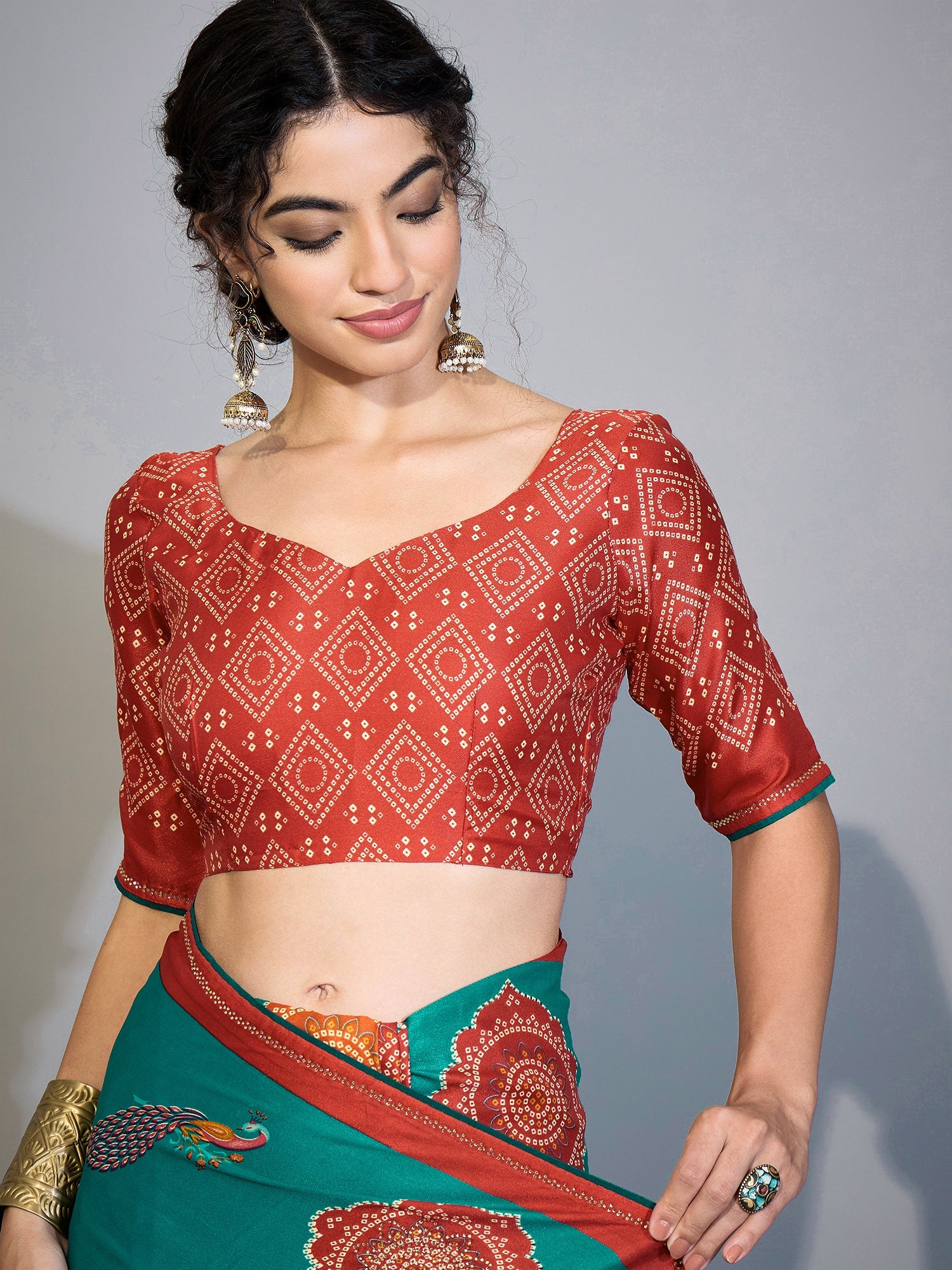 Teal Green & Peacock Digital Printed Saree - Ressa