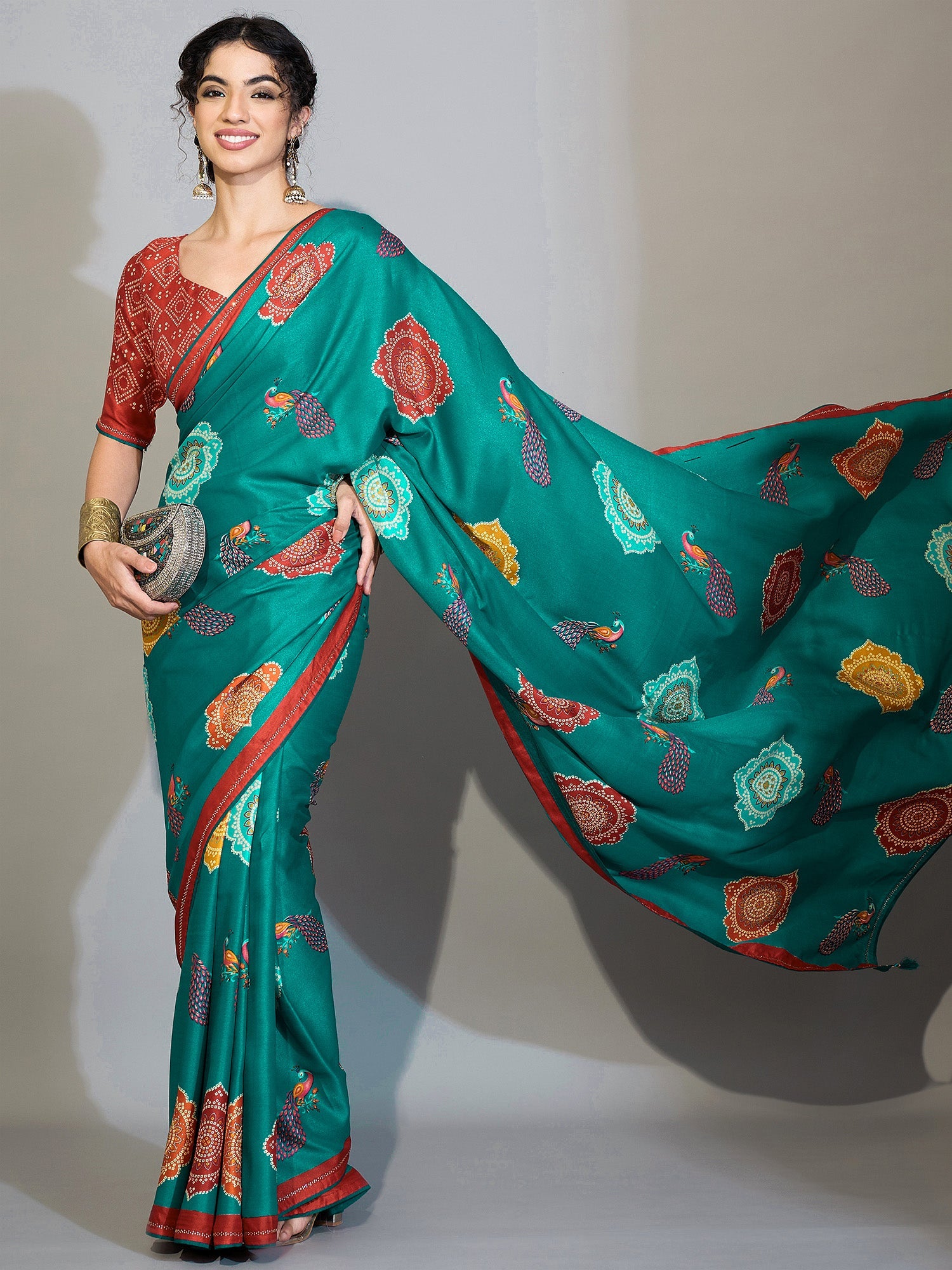 Teal Green & Peacock Digital Printed Saree - Ressa