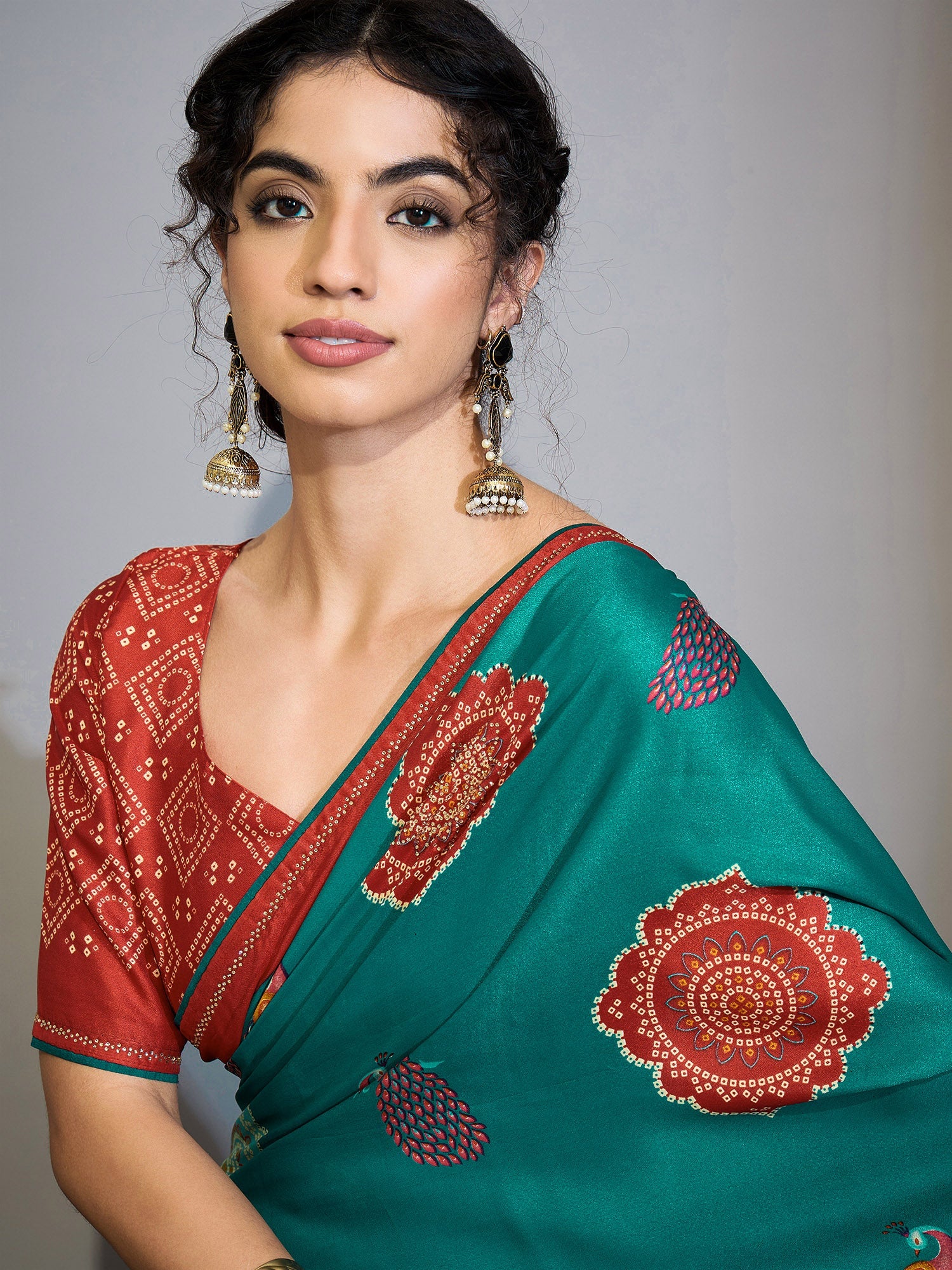Teal Green & Peacock Digital Printed Saree - Ressa