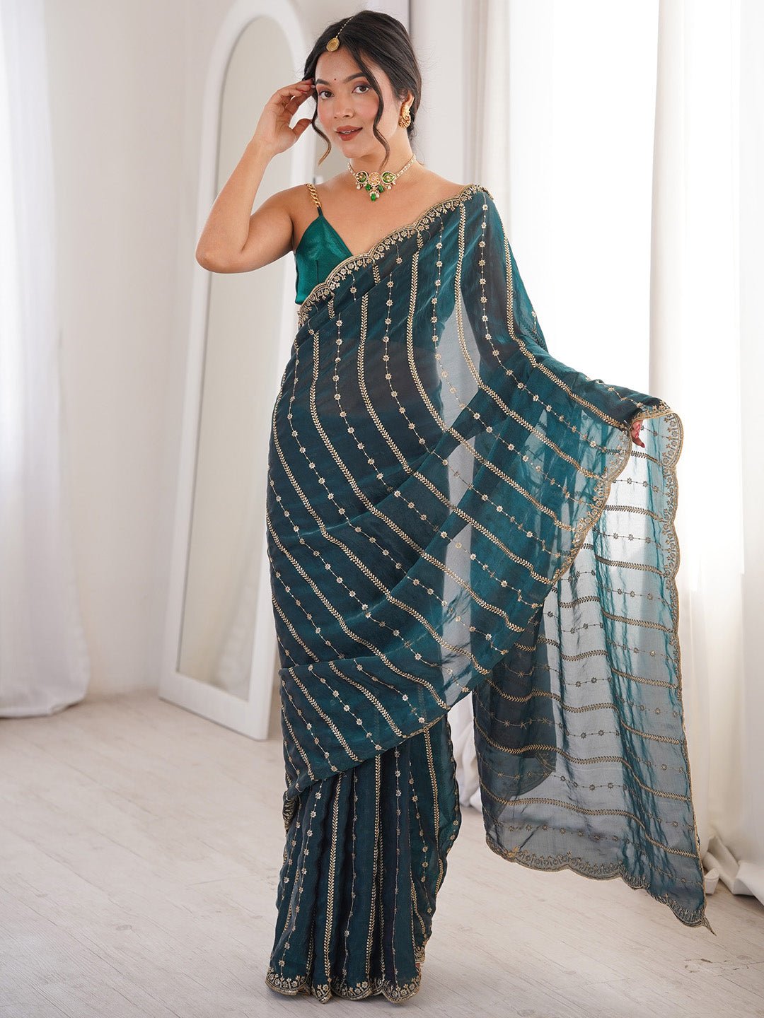 Teal Green Satin Emblished Party Wear Saree - Ressa