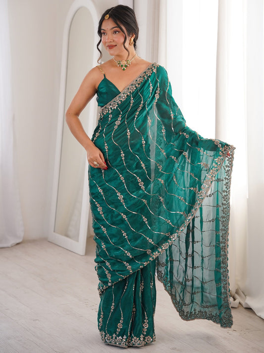 Teal Green Satin Emblished Party Wear Saree - Ressa
