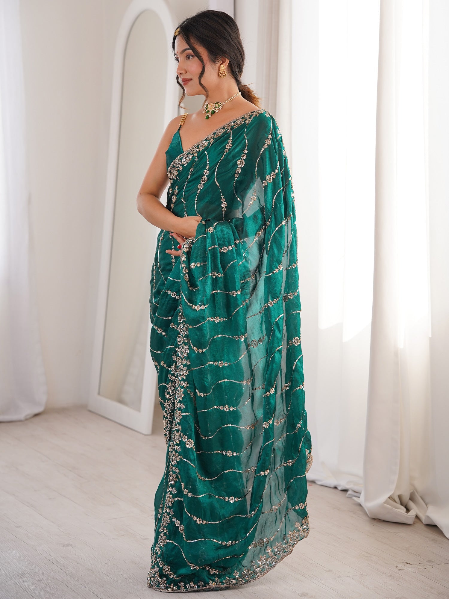 Teal Green Satin Emblished Party Wear Saree - Ressa