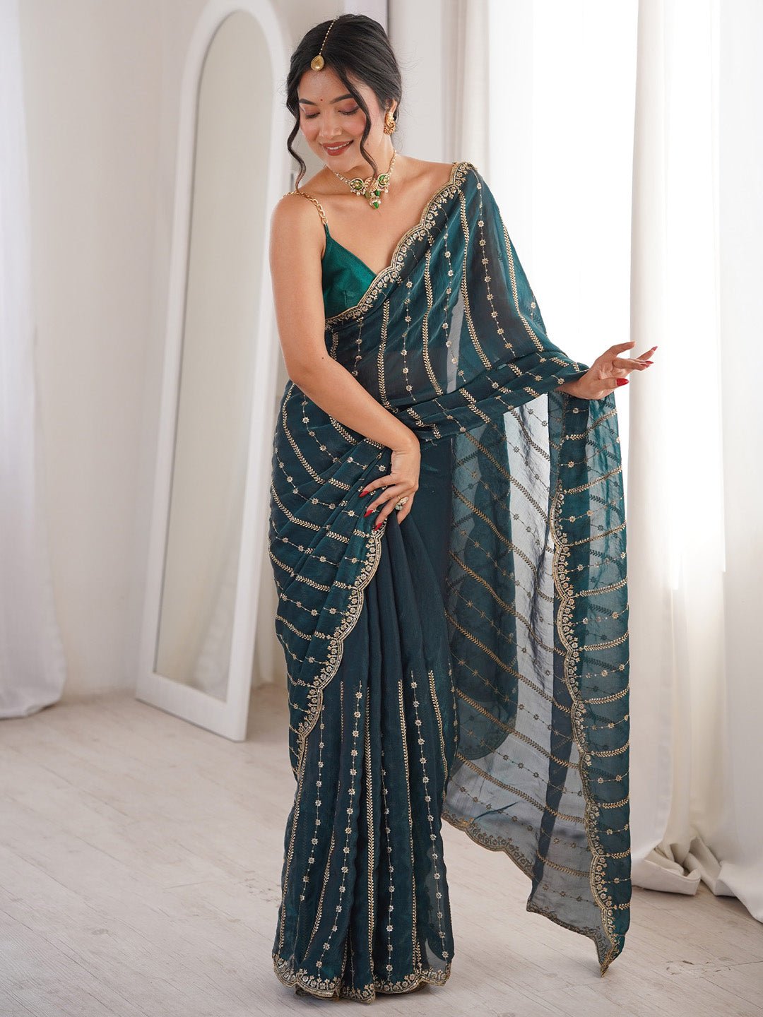Teal Green Satin Emblished Party Wear Saree - Ressa