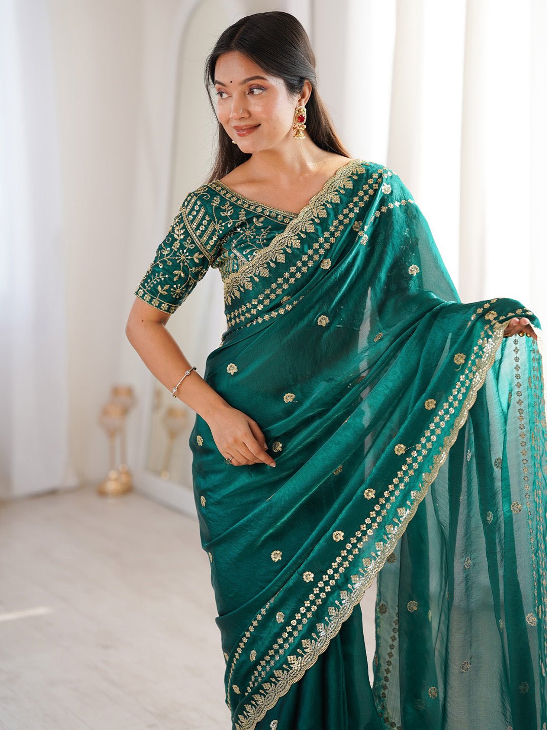 Teal Green Satin Emblished Party Wear saree - Ressa