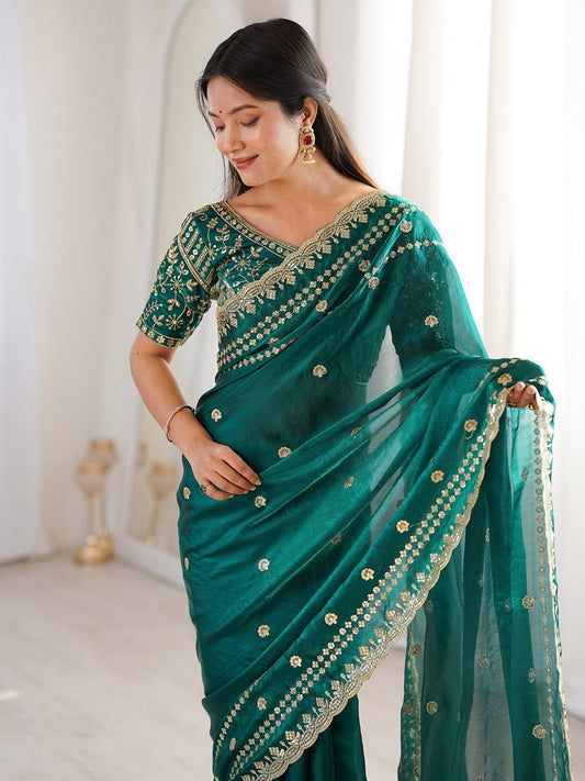 Teal Green Satin Emblished Party Wear saree - Ressa