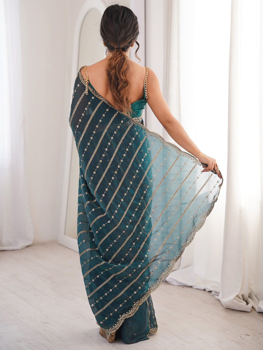 Teal Green Satin Emblished Party Wear Saree - Ressa