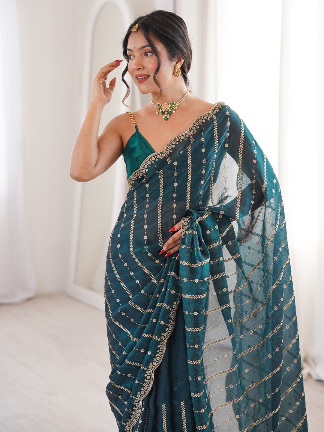 Teal Green Satin Emblished Party Wear Saree - Ressa