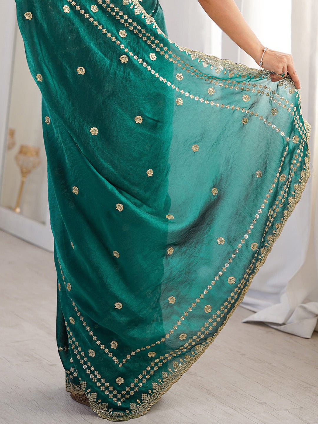 Teal Green Satin Emblished Party Wear saree - Ressa