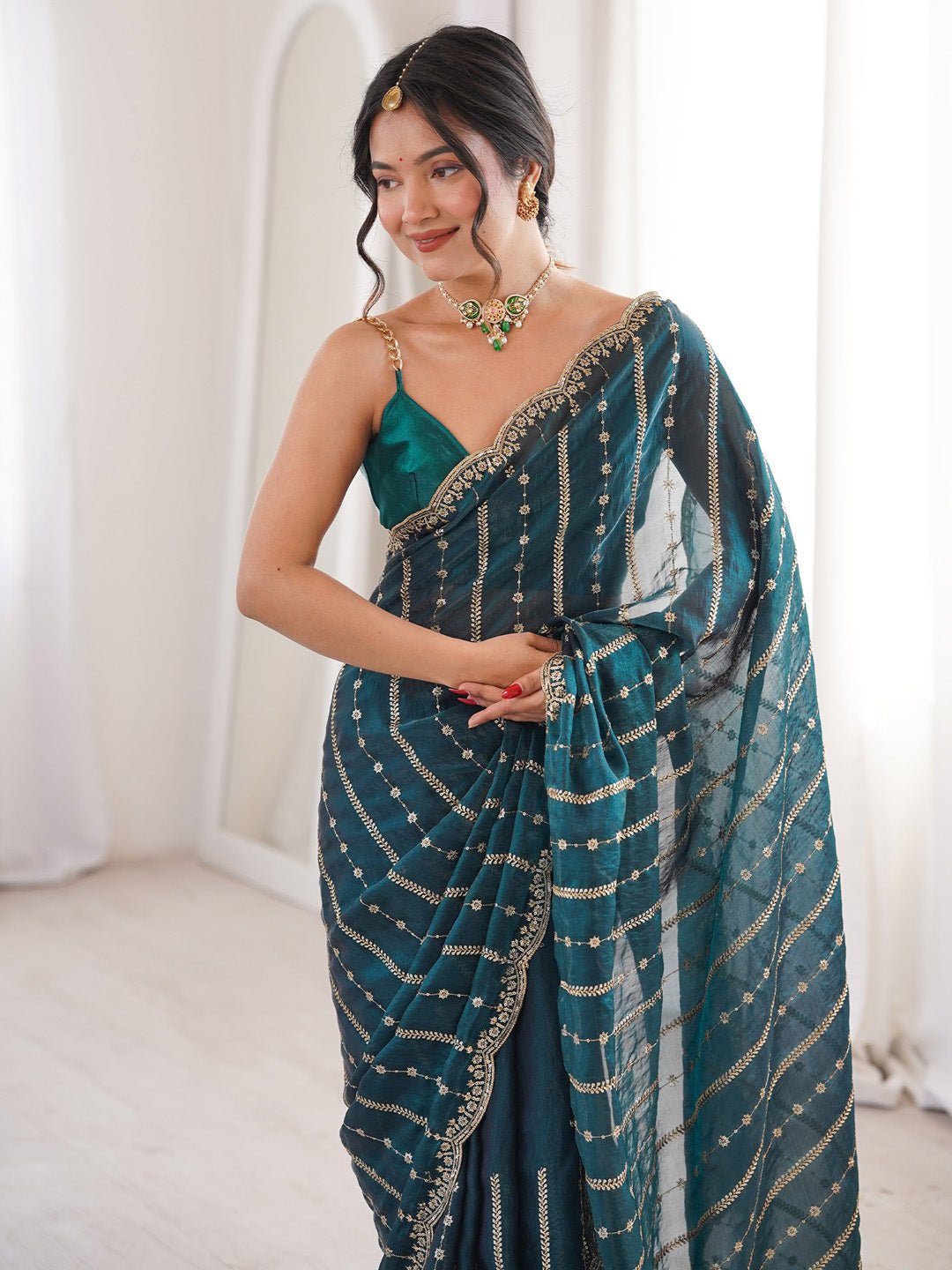 Teal Green Satin Emblished Party Wear Saree - Ressa