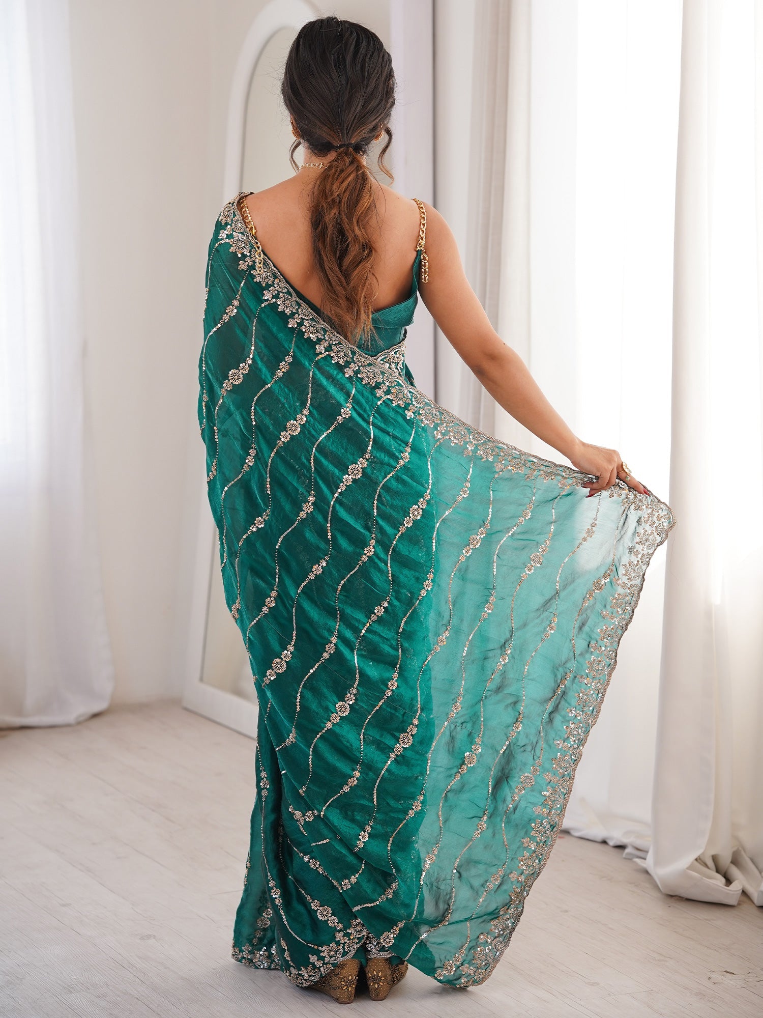 Teal Green Satin Emblished Party Wear Saree - Ressa