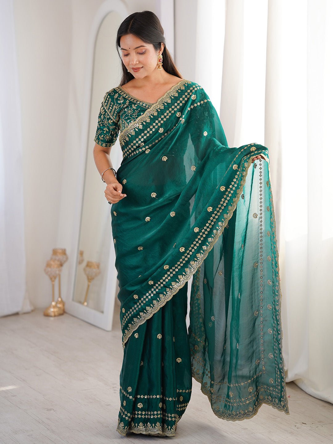 Teal Green Satin Emblished Party Wear saree - Ressa