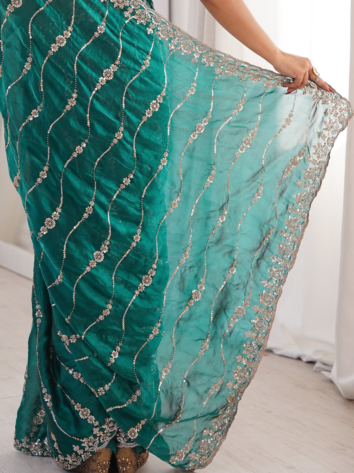 Teal Green Satin Emblished Party Wear Saree - Ressa