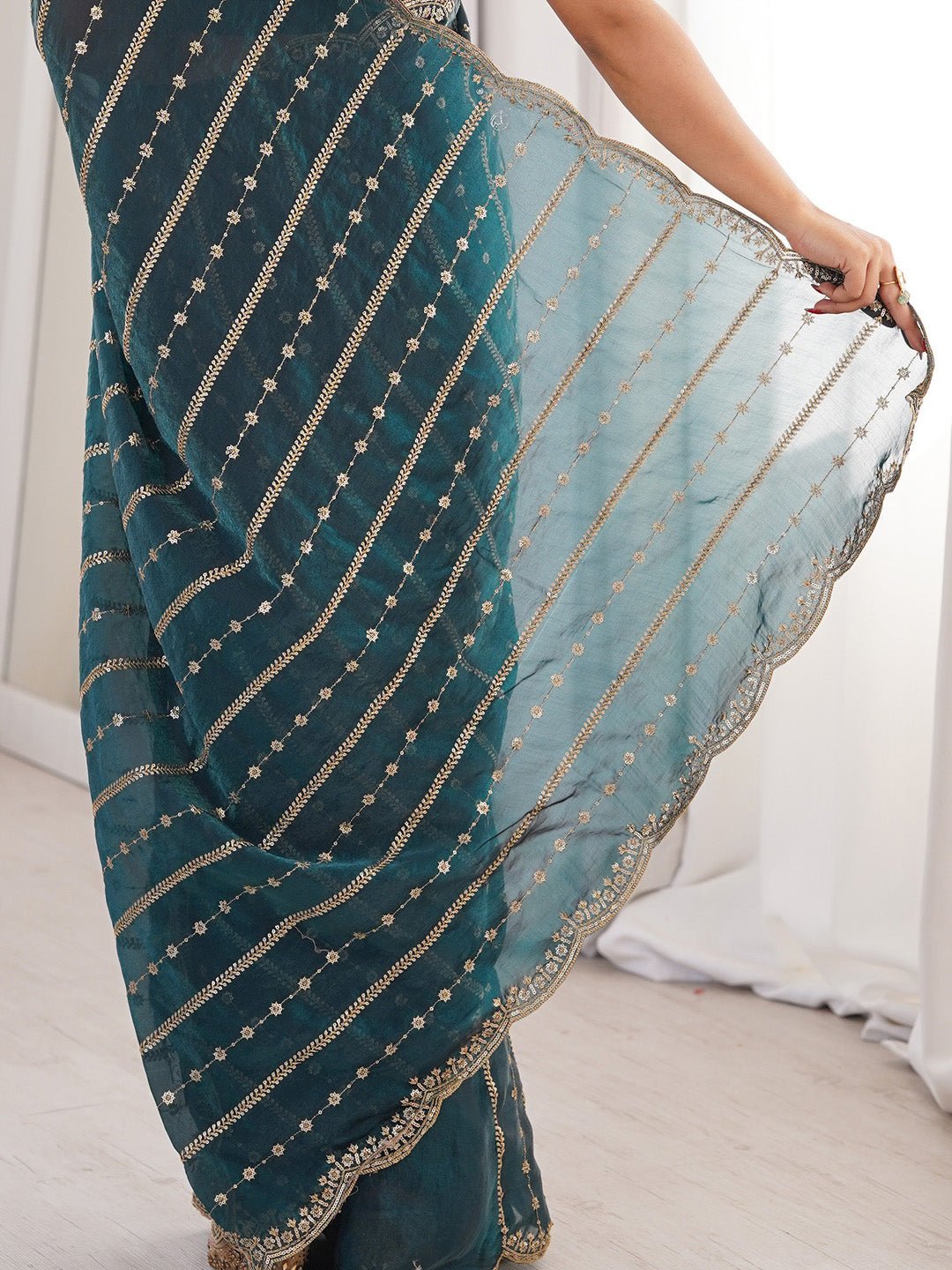 Teal Green Satin Emblished Party Wear Saree - Ressa