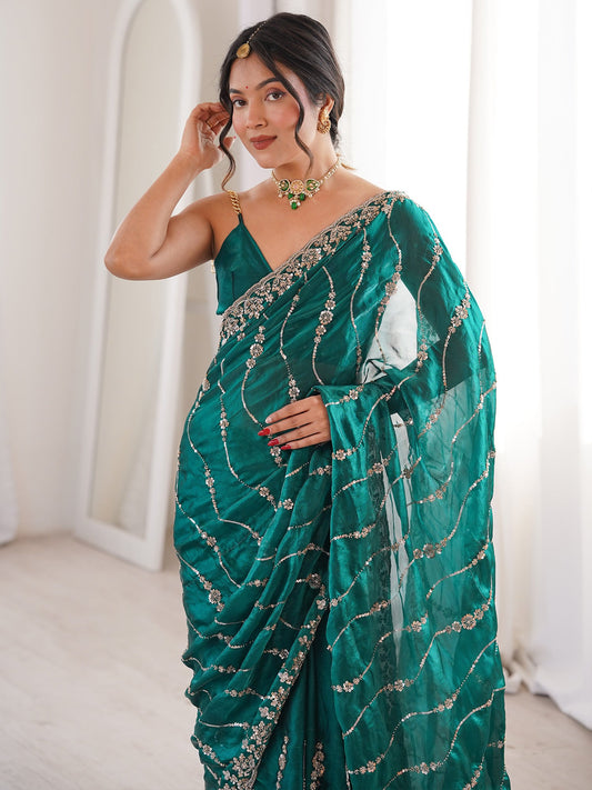 Teal Green Satin Emblished Party Wear Saree - Ressa