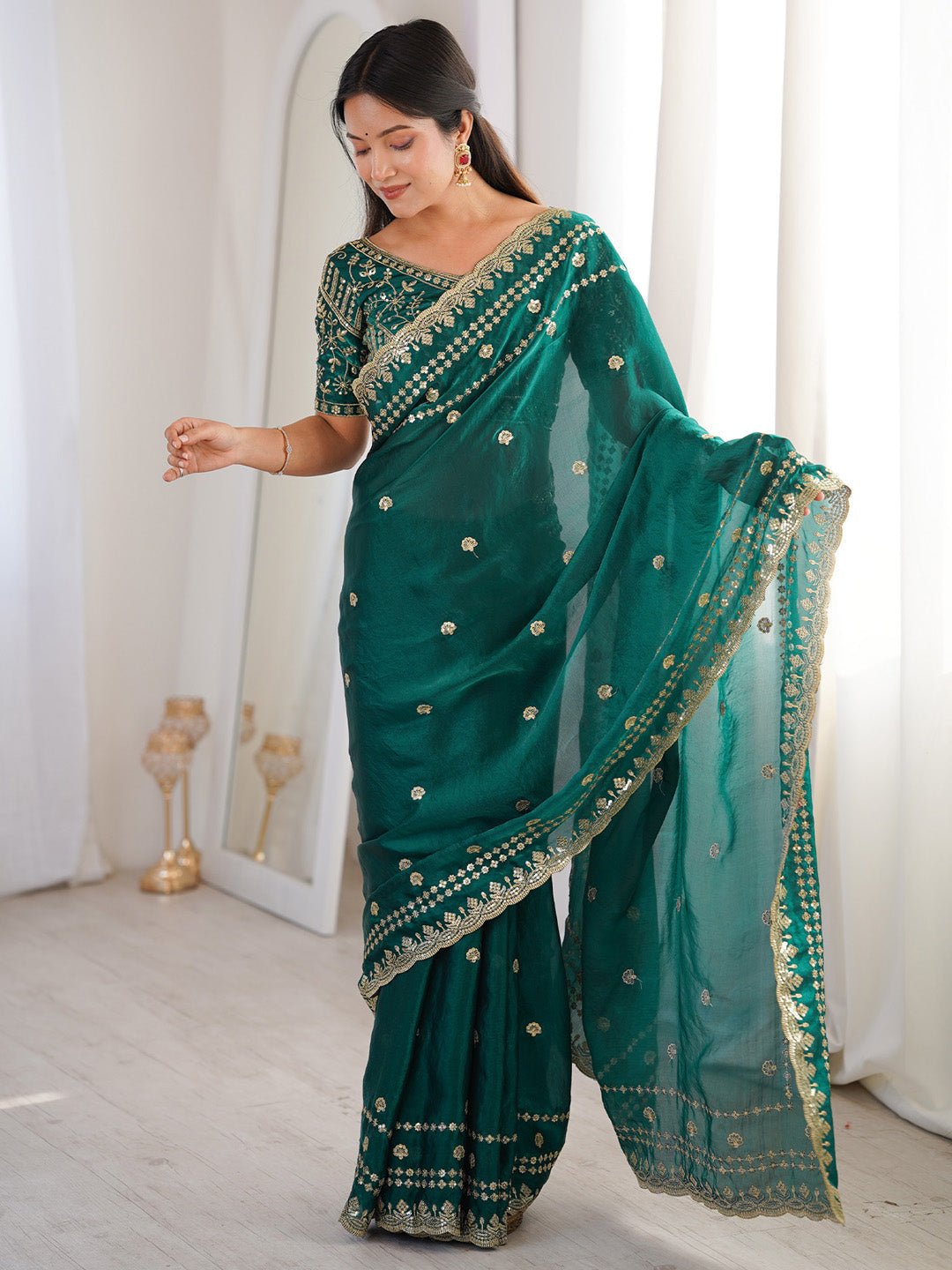 Teal Green Satin Emblished Party Wear saree - Ressa