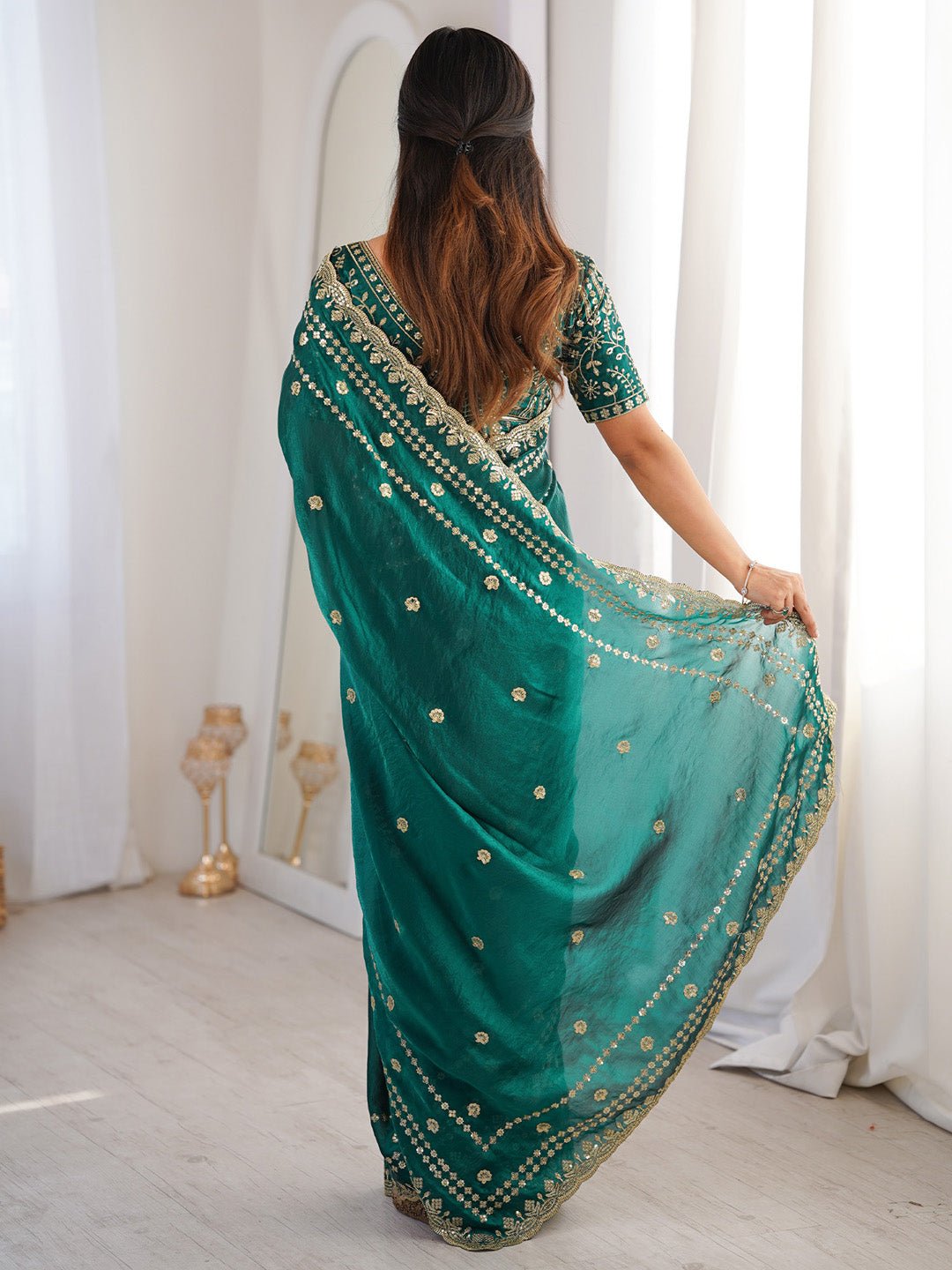 Teal Green Satin Emblished Party Wear saree - Ressa