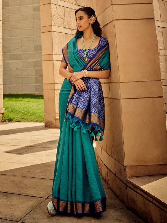 Teal Green Silk Blend&Patola Print Border Saree - Ressa