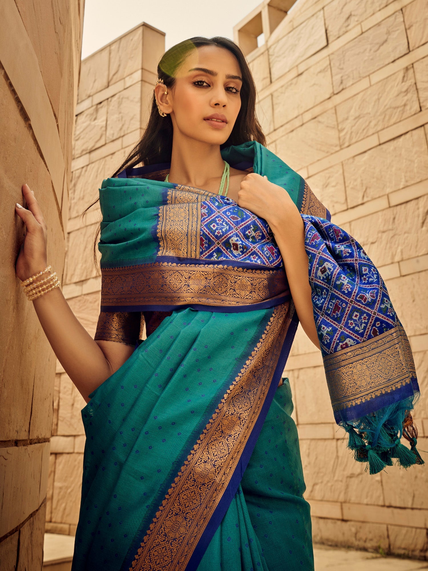 Teal Green Silk Blend&Patola Print Border Saree - Ressa