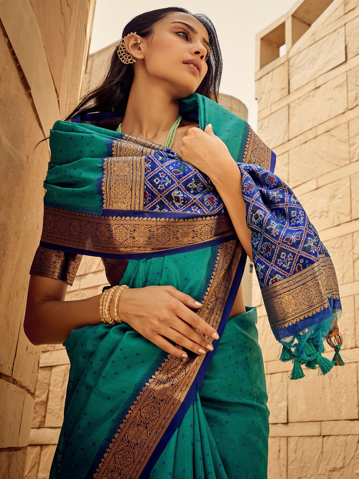 Teal Green Silk Blend&Patola Print Border Saree - Ressa