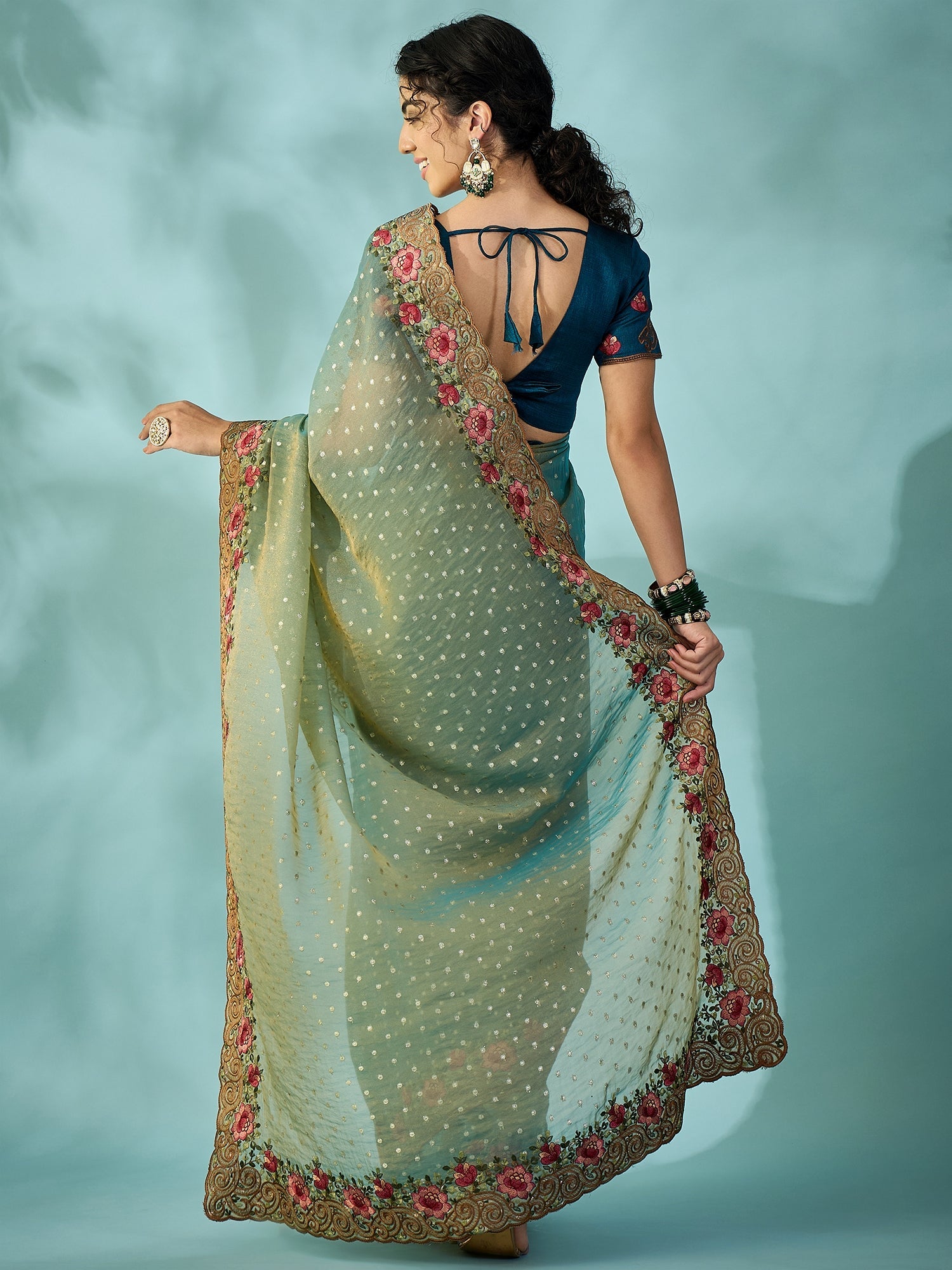 Teal Green Tissue Silk Saree with Zari Stripes - Ressa