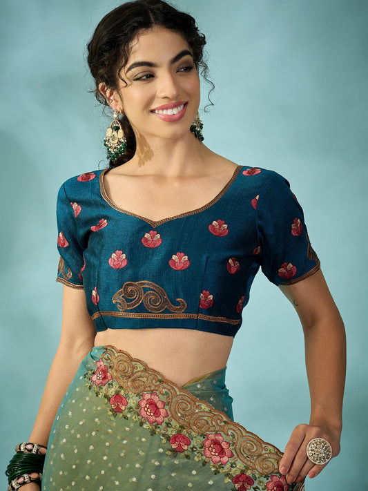 Teal Green Tissue Silk Saree with Zari Stripes - Ressa