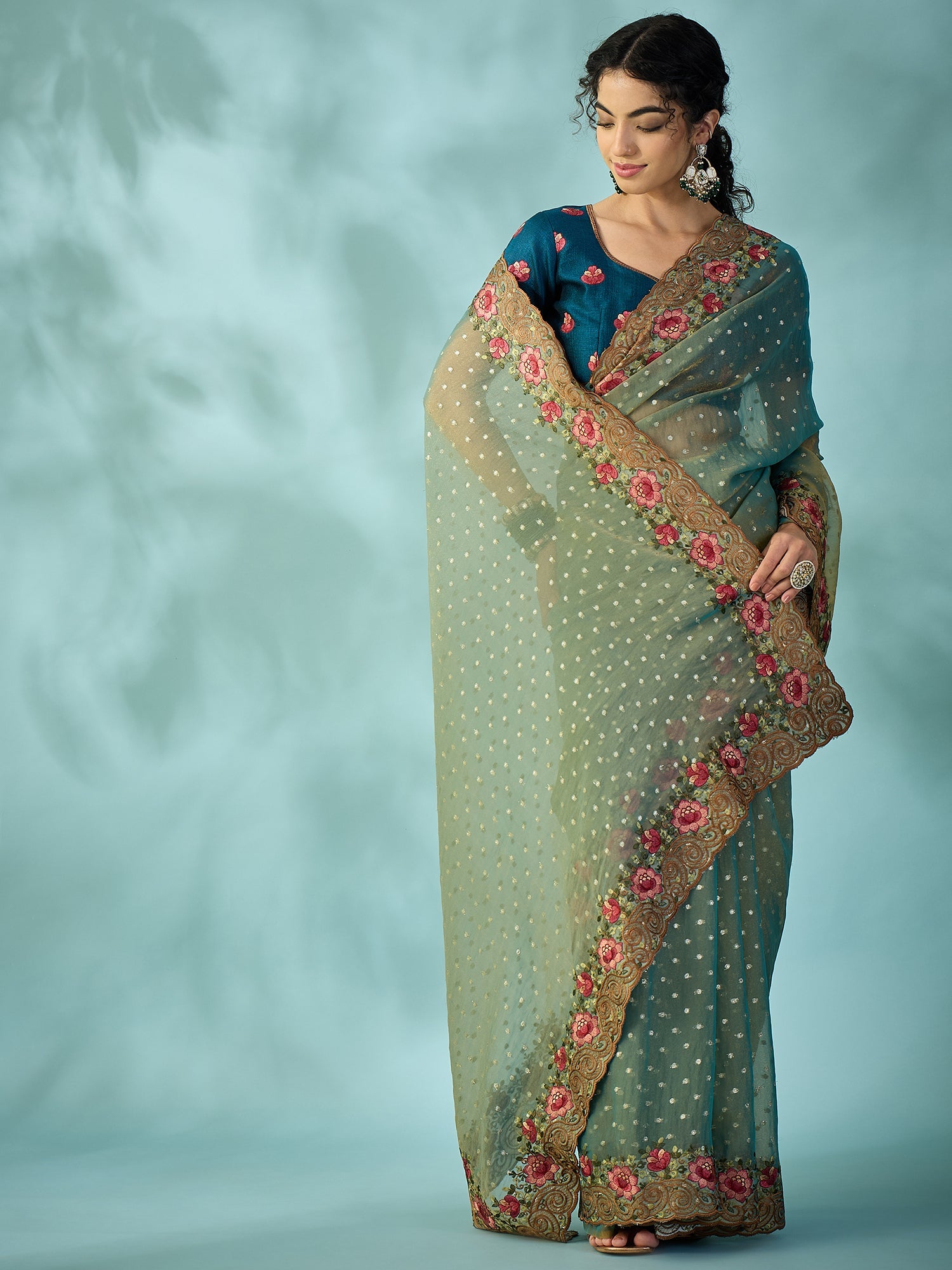 Teal Green Tissue Silk Saree with Zari Stripes - Ressa