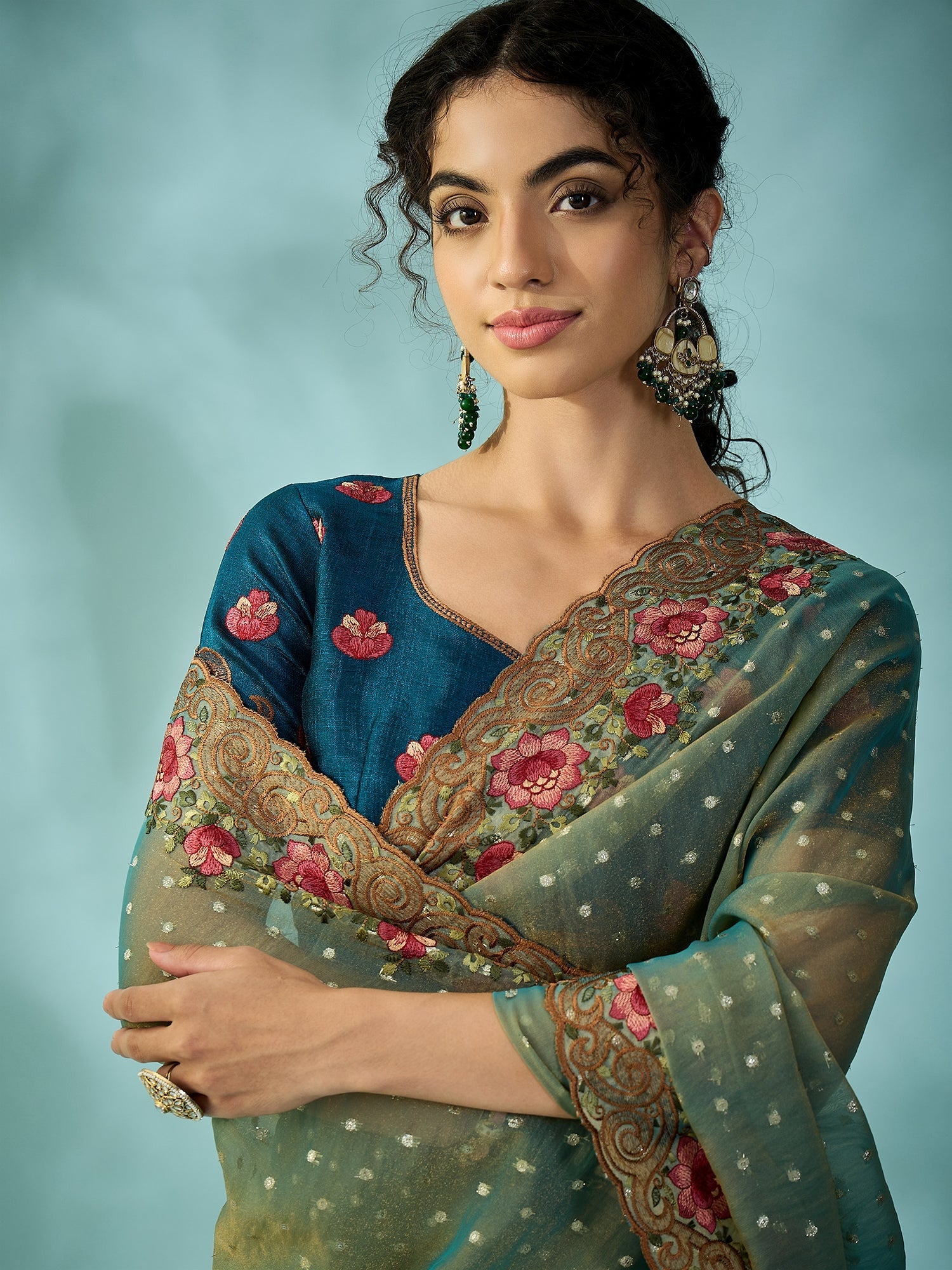Teal Green Tissue Silk Saree with Zari Stripes - Ressa
