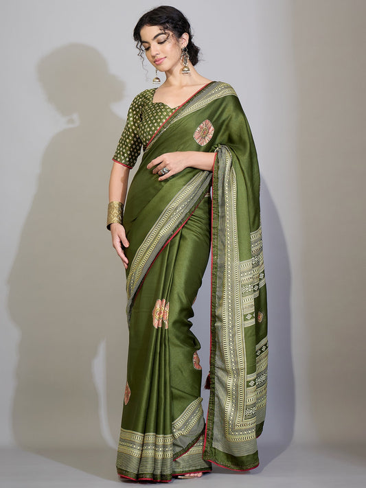 Teal Green Tissue Silk Saree with Zari Stripes - Ressa