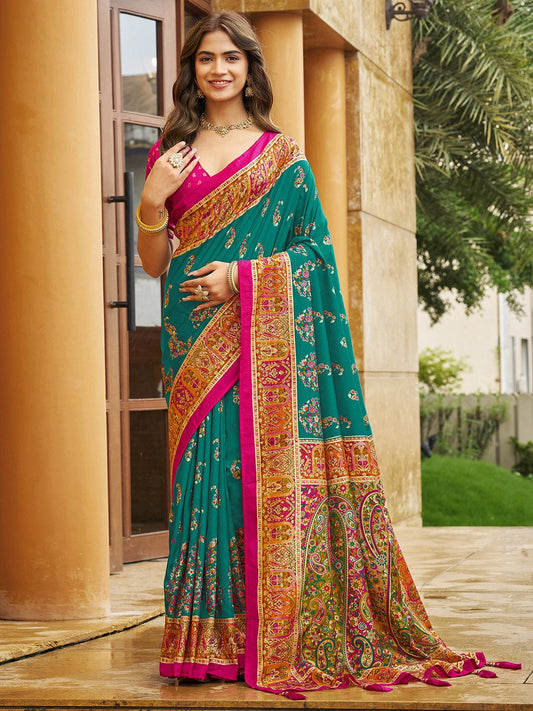 Teal Green Tussar Silk Saree - Ressa