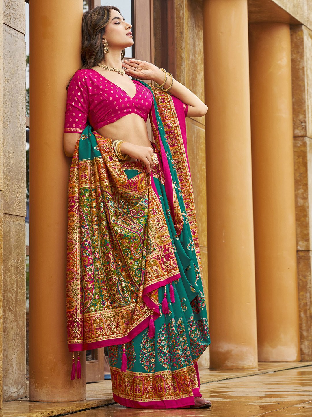 Teal Green Tussar Silk Saree - Ressa