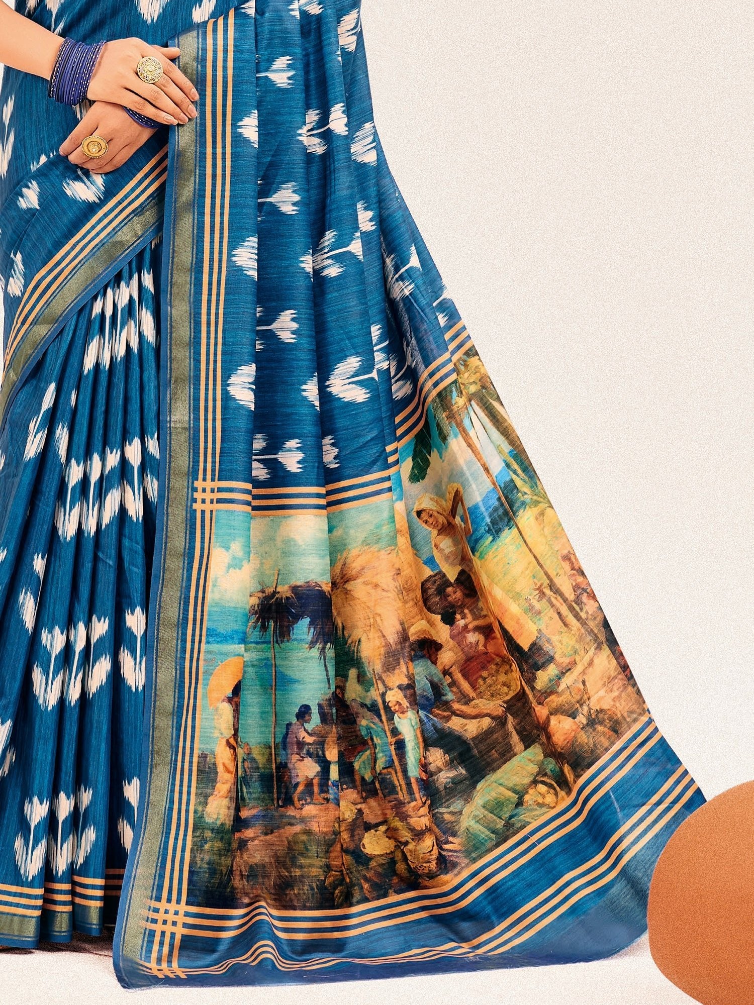 Teal Ikat Silk Saree with Pichwai Digital Print Pallu - Ressa