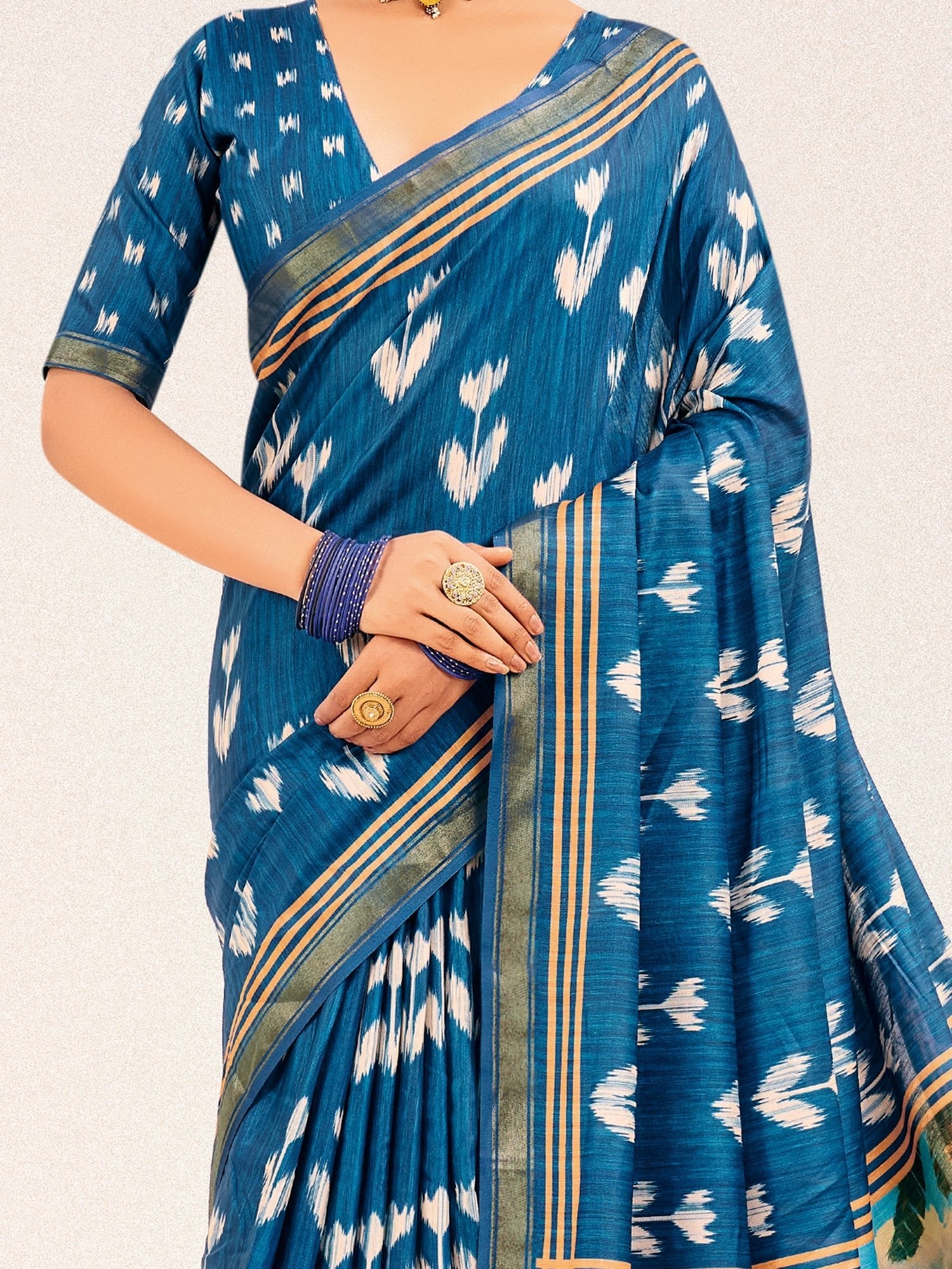 Teal Ikat Silk Saree with Pichwai Digital Print Pallu - Ressa
