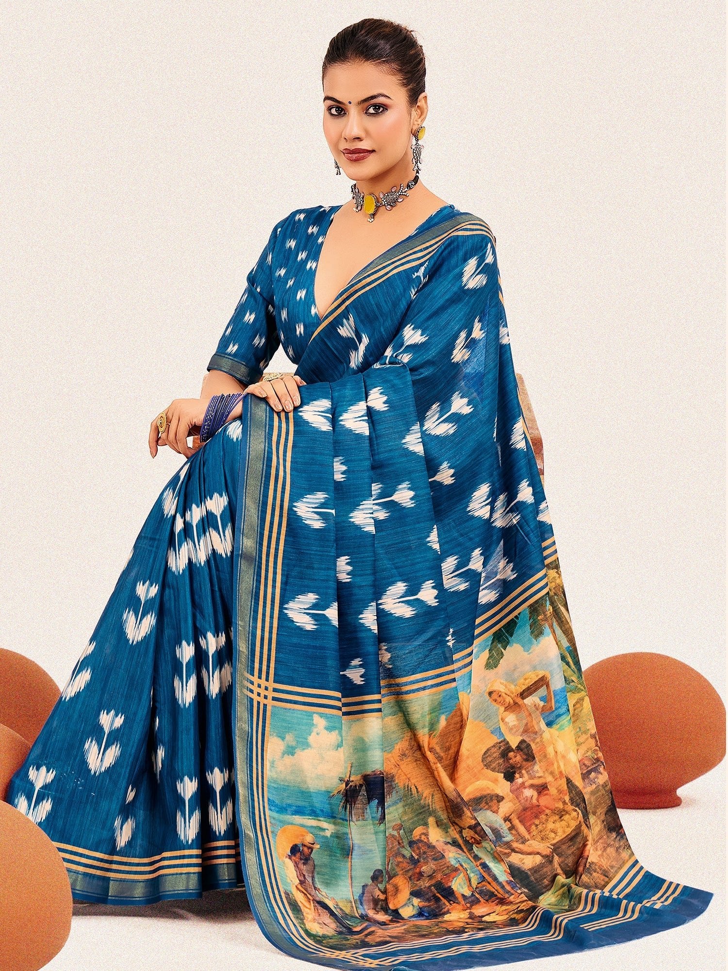 Teal Ikat Silk Saree with Pichwai Digital Print Pallu - Ressa