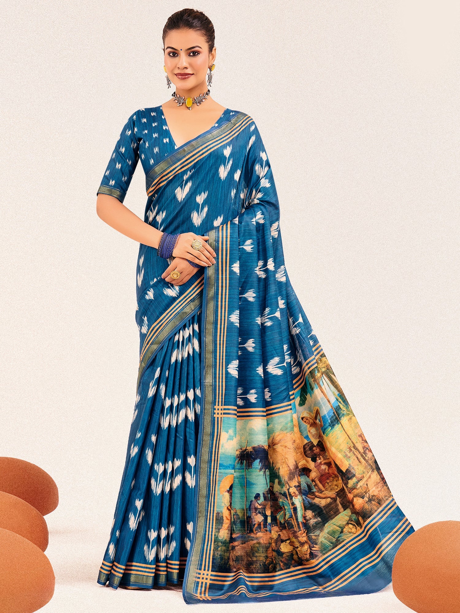 Teal Ikat Silk Saree with Pichwai Digital Print Pallu - Ressa