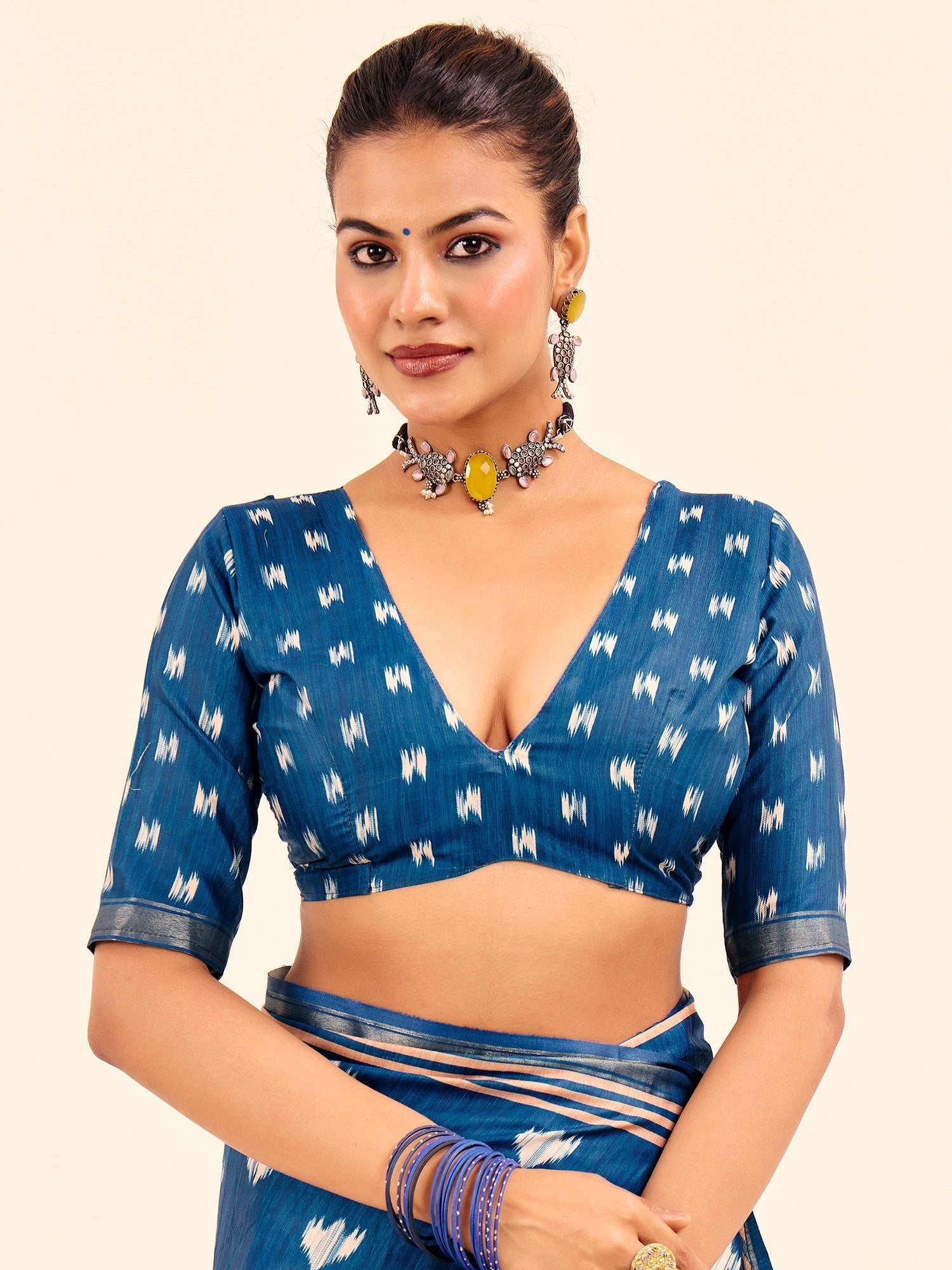 Teal Ikat Silk Saree with Pichwai Digital Print Pallu - Ressa