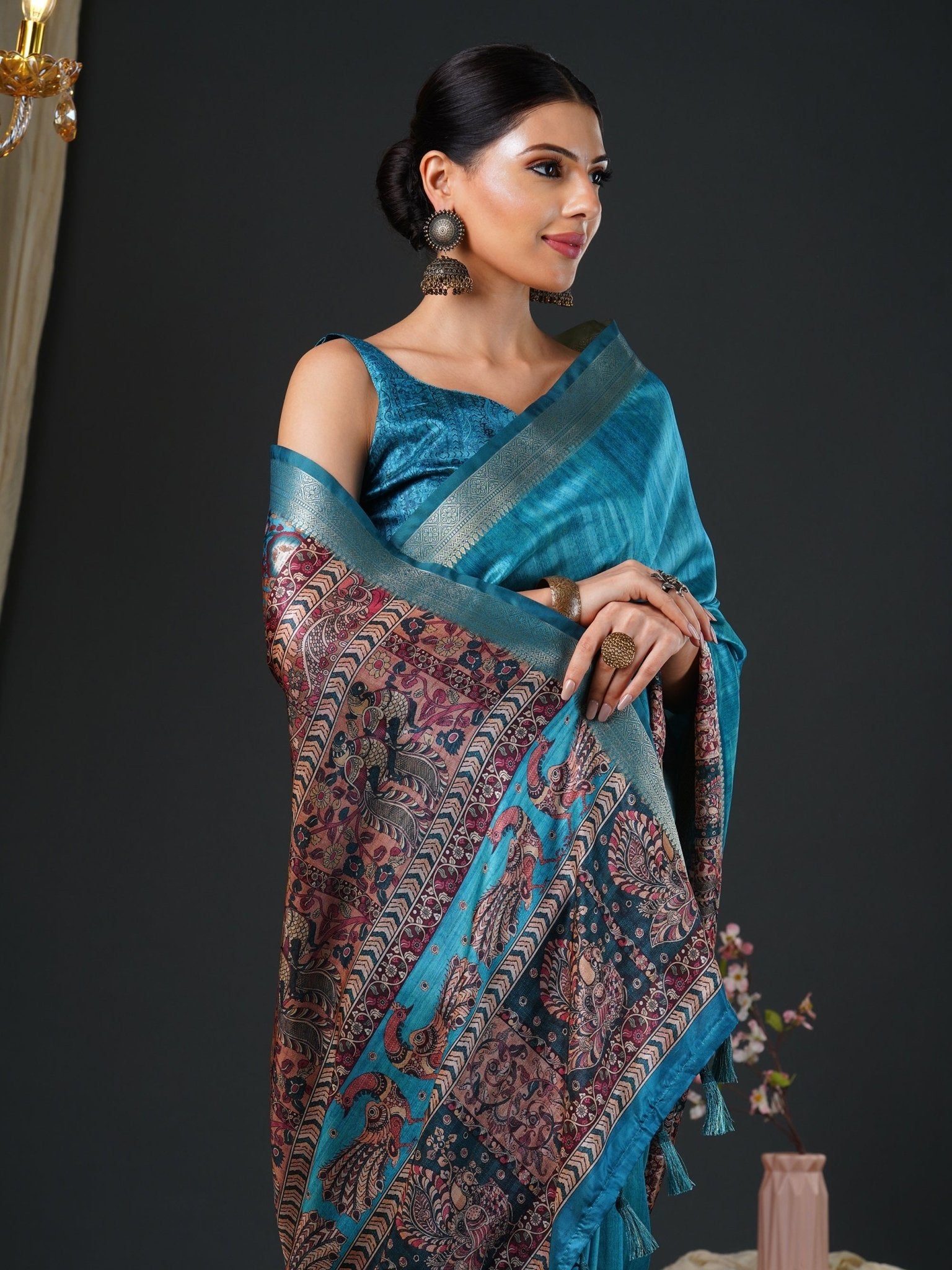 Teal Kalamkari Silk Saree with Zari Border - Ressa