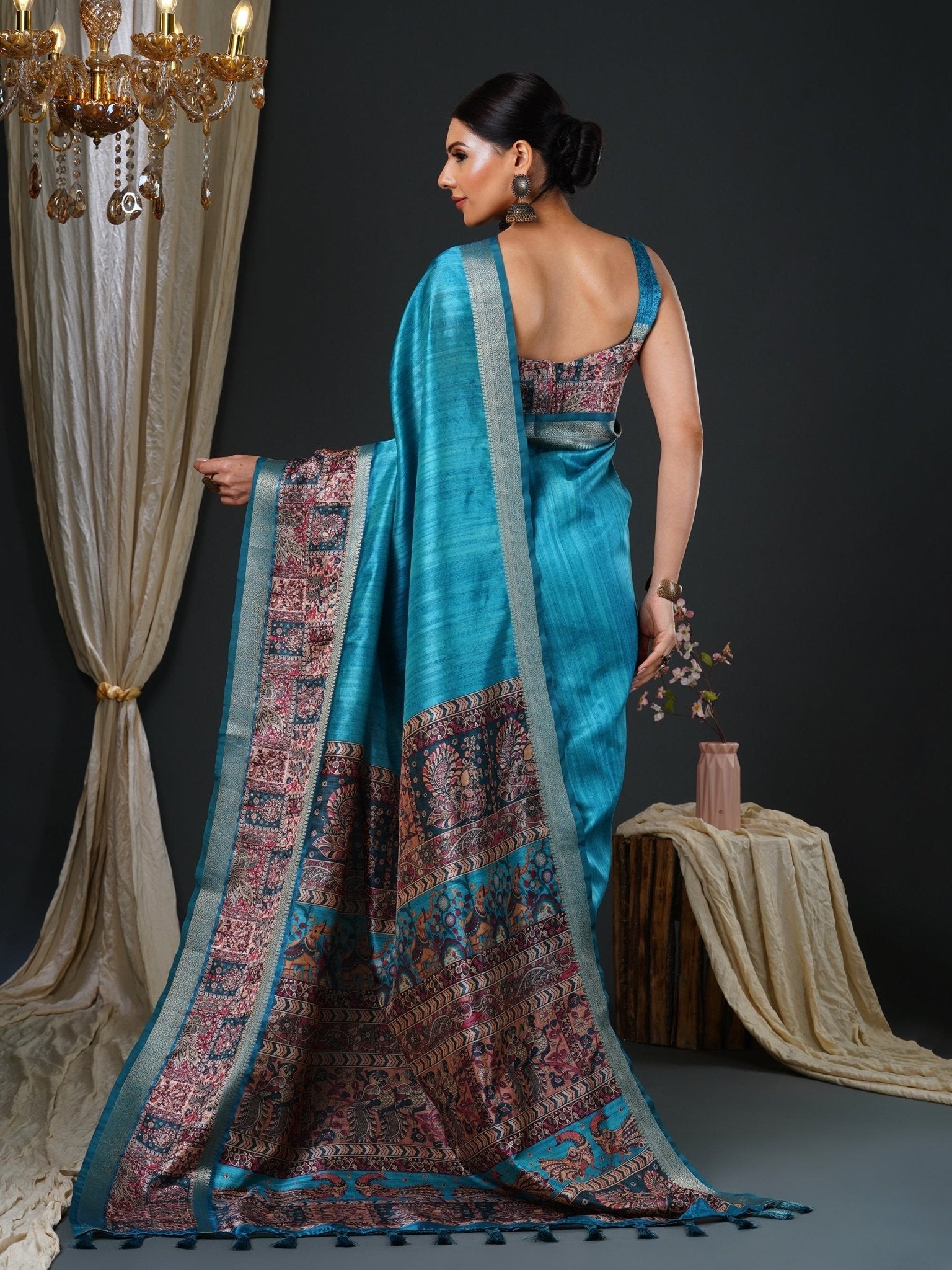Teal Kalamkari Silk Saree with Zari Border - Ressa