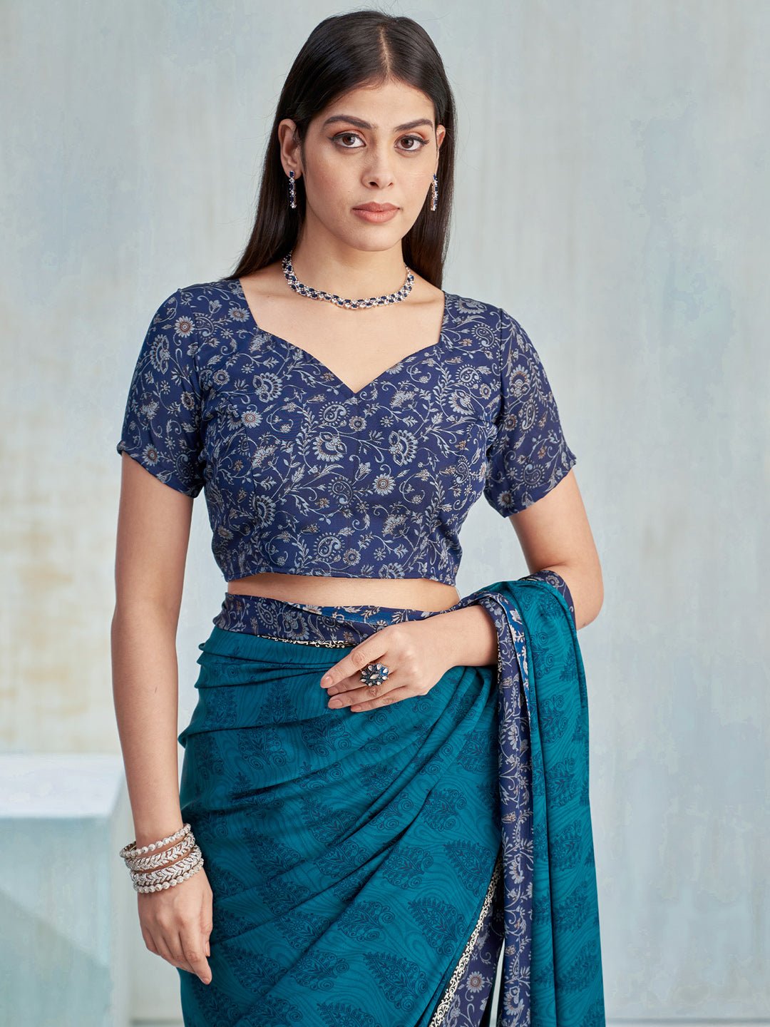 Teal & Navy Two-Tone Silk Saree - Ressa