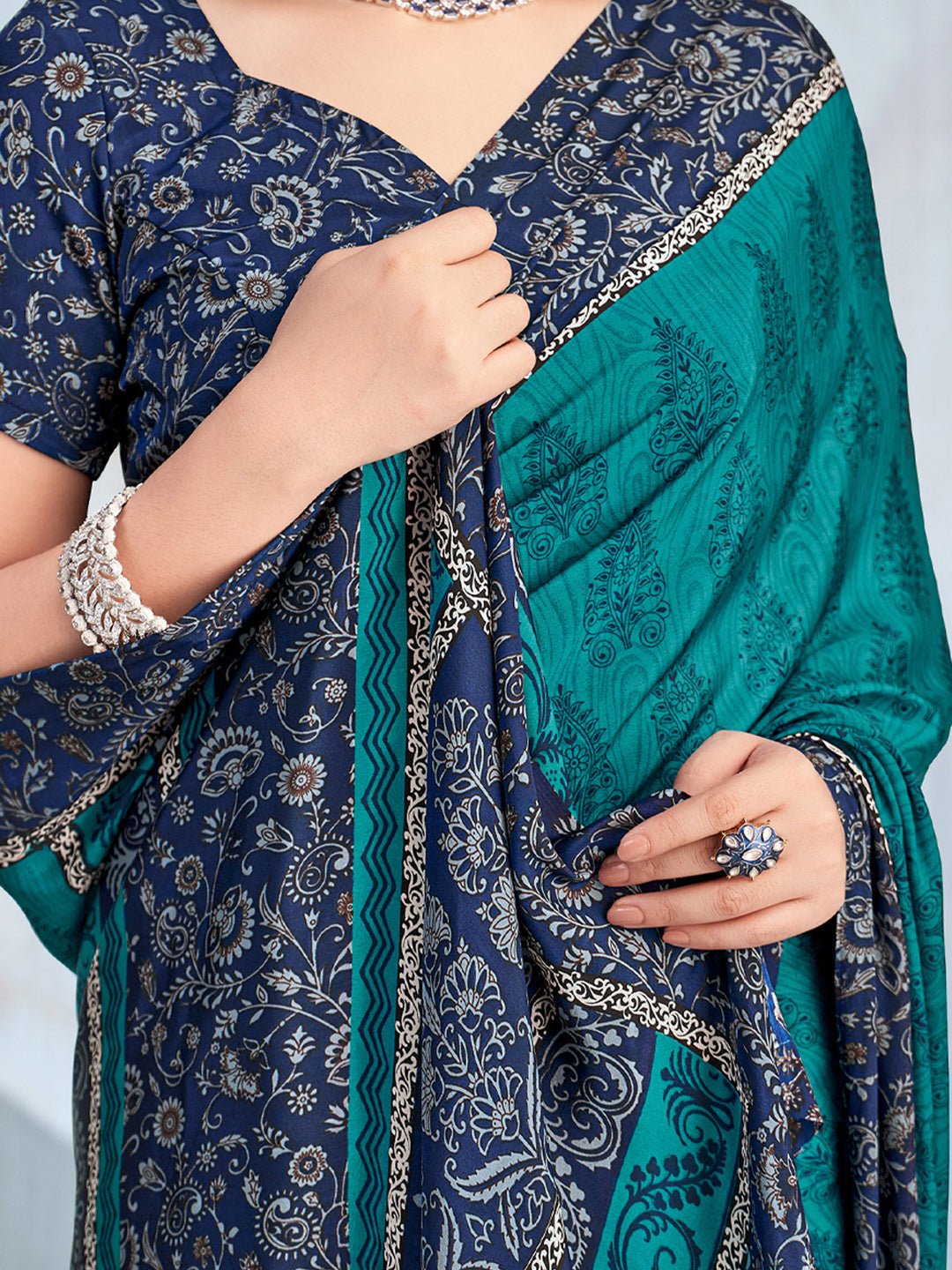 Teal & Navy Two-Tone Silk Saree - Ressa